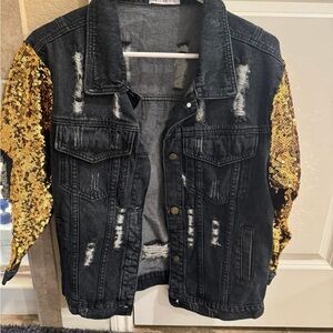 Distressed Black Denim Jacket with Gold Sequin Sleeves